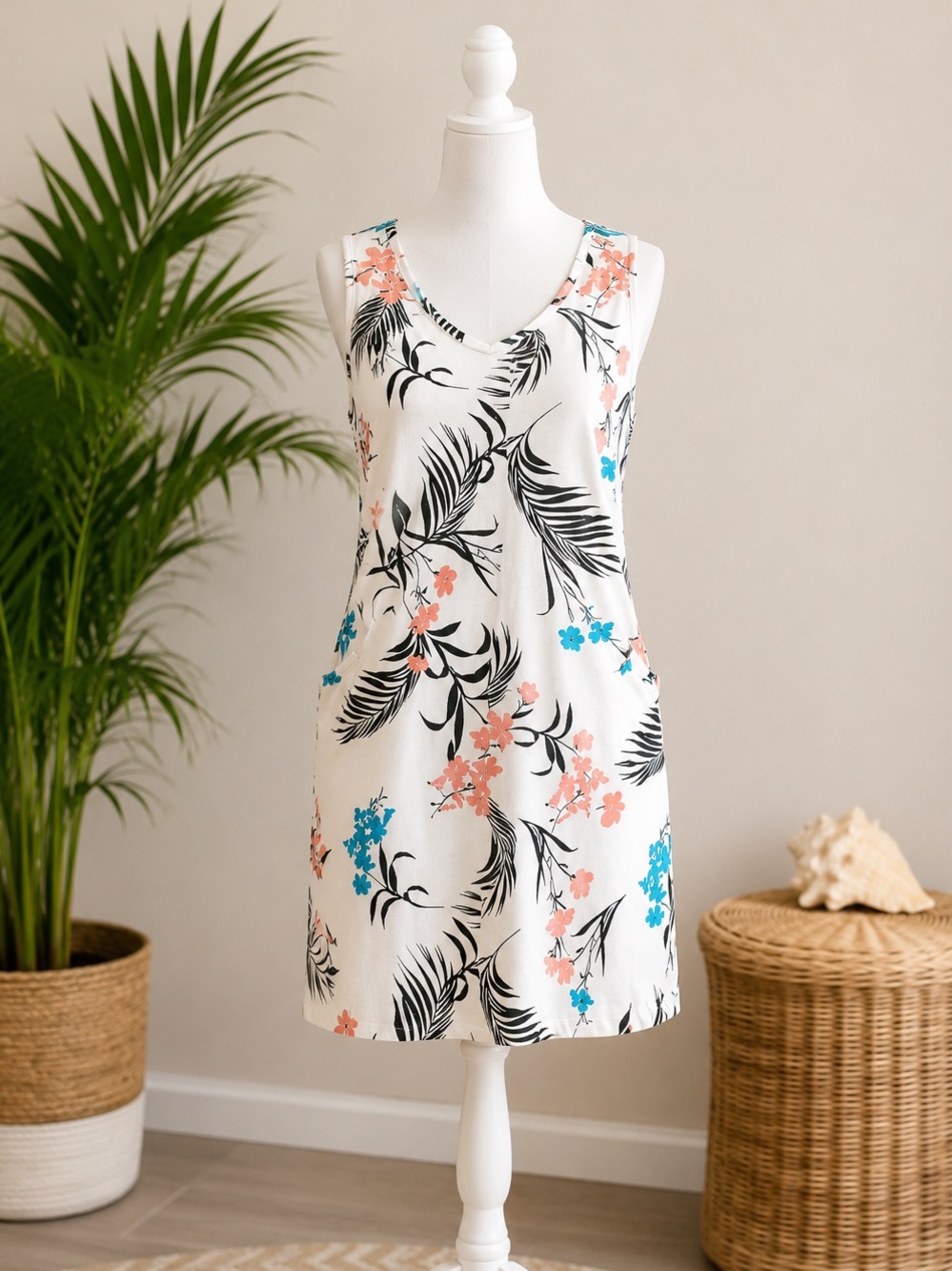 Liz Claiborne NWT Sleeveless Cotton Rayon Tropical Floral Beach Dress S